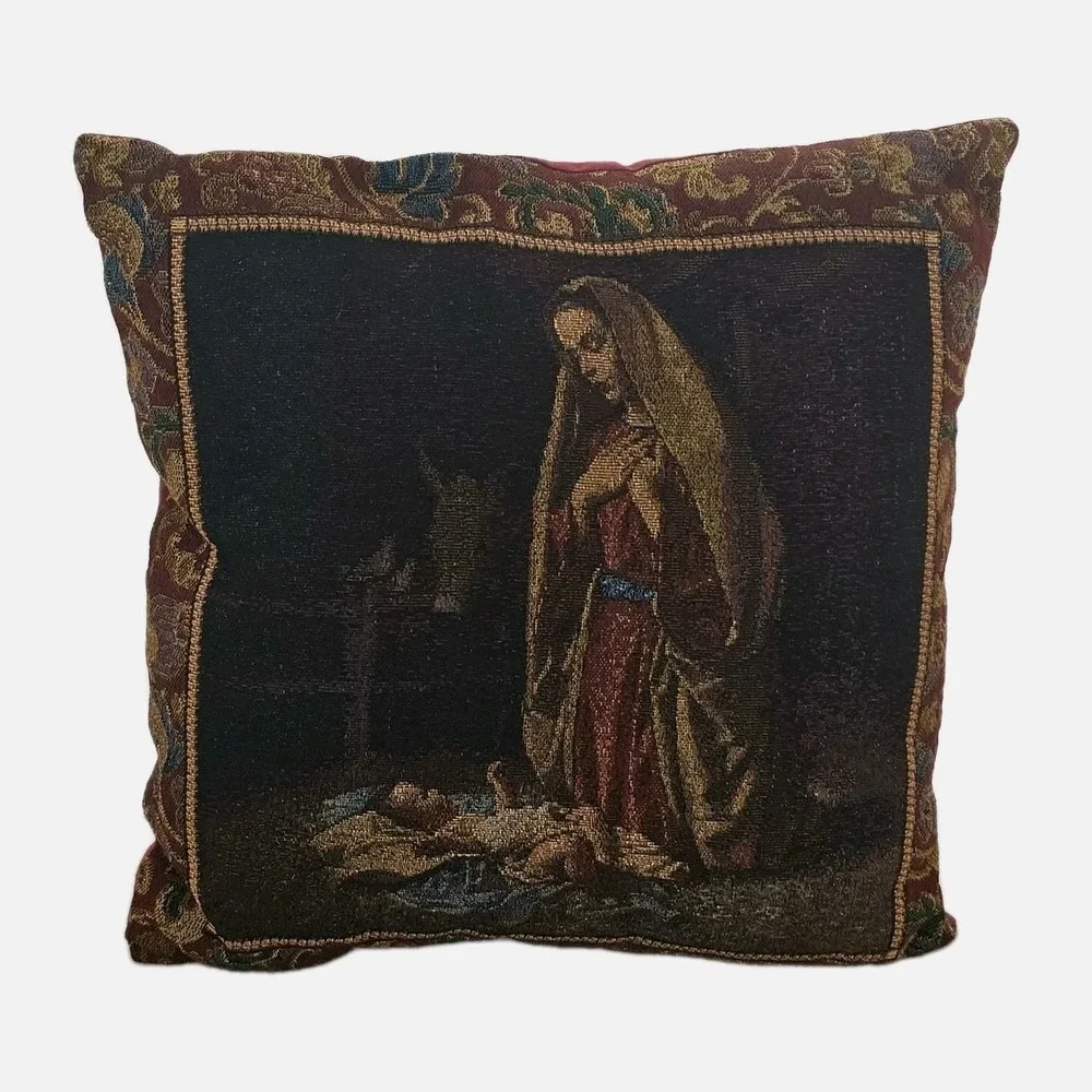 2 Vtg Mohawk Christmas Tapestry Throw Pillows Mary & Jesus + 3 Wise Men Made USA